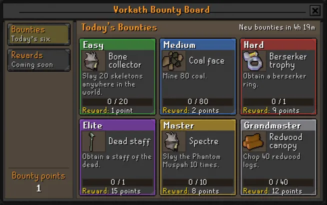 The Bounty Board showing six daily bounties from Easy to Grandmaster
