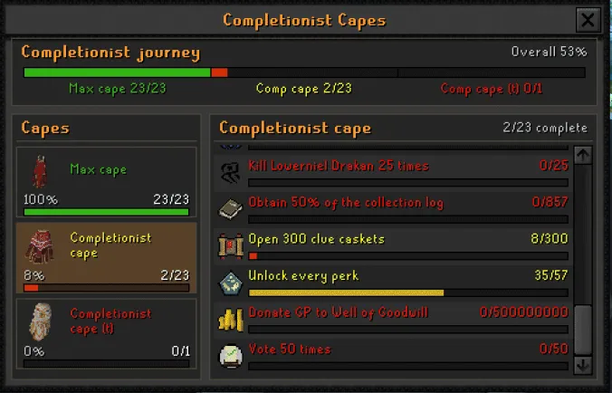 The Completionist Capes interface tracking progress toward each cape