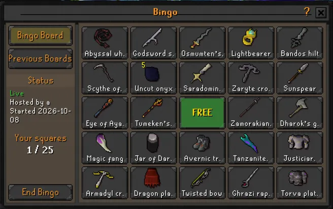 A community bingo board filled with rare item squares