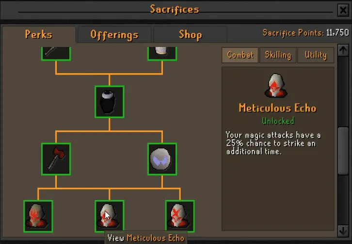 The perk tree interface showing combat perks and the Meticulous Echo perk