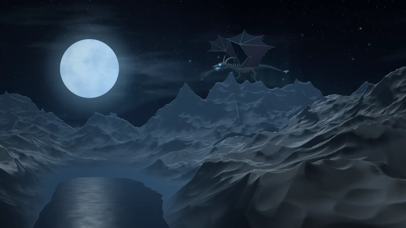Artwork of an undead frost dragon flying over moonlit frozen mountains