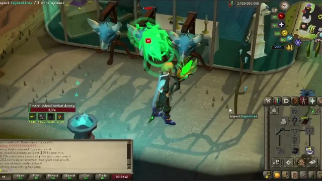 A player training on a combat dummy in a hub decorated with ice crystals