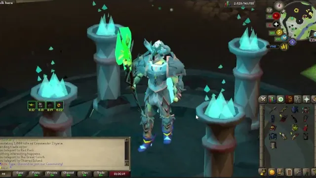 A player in icy armour with a glowing green blade among frozen crystal pillars
