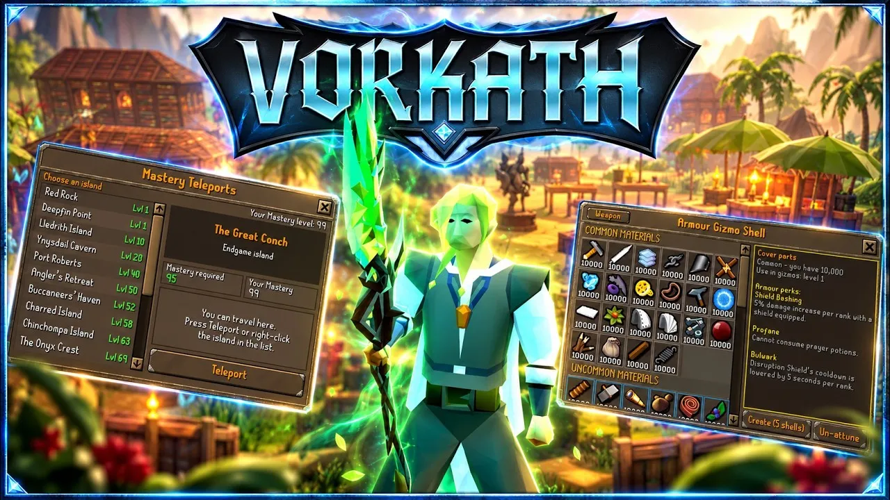 Video thumbnail: the Vorkath logo over a tropical island with the Mastery Teleports and Armour Gizmo interfaces